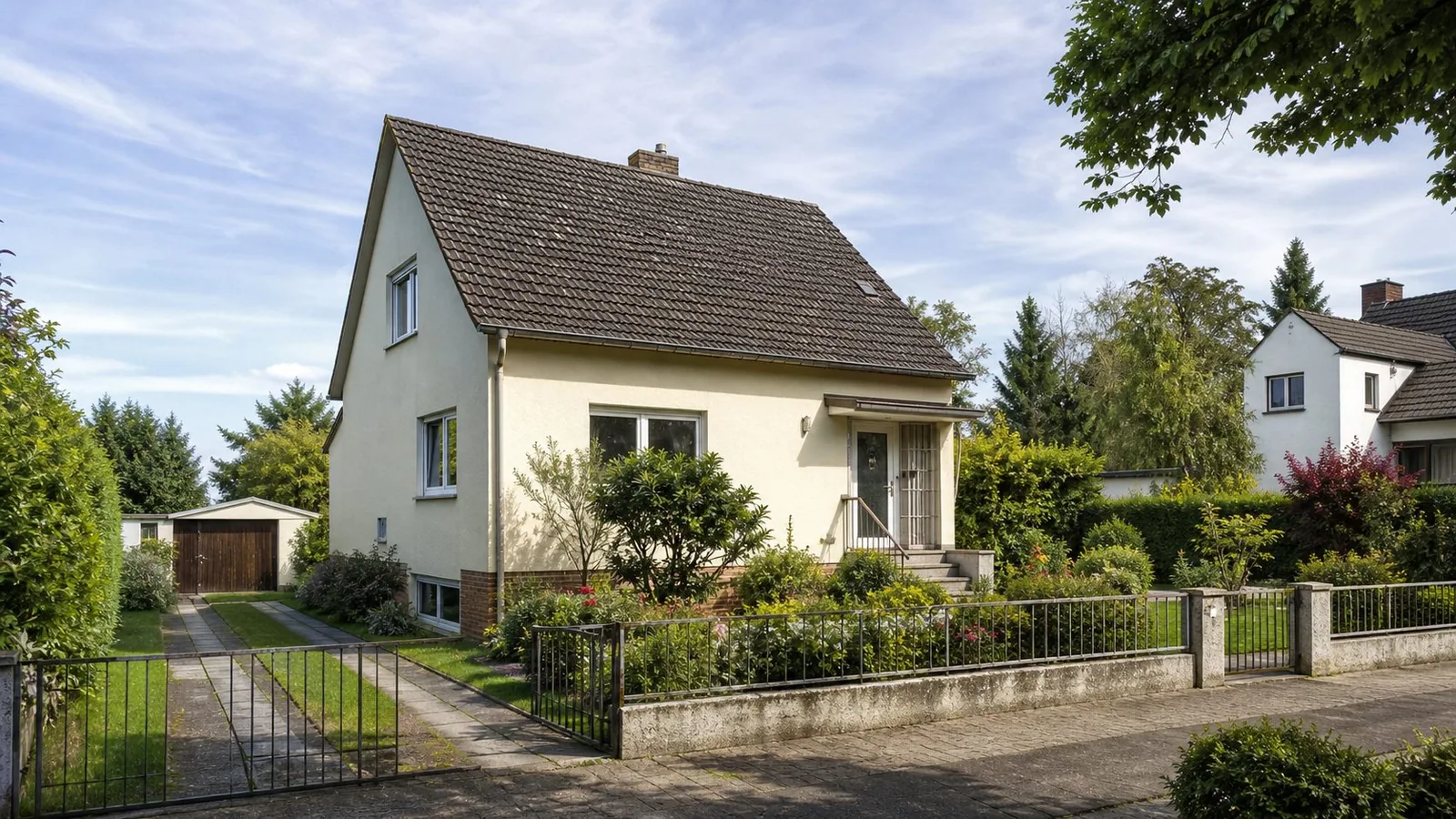 Praktischer Mensch vor einem Haus mit Planmappe